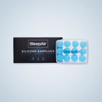 SleepAir blue silicone earplugs with packaging