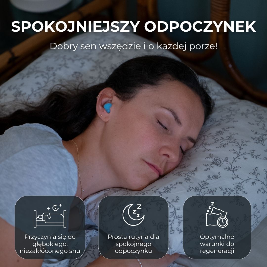 Woman sleeping with blue silicone earplugs