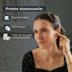 Woman showing how to insert a blue silicone earplug