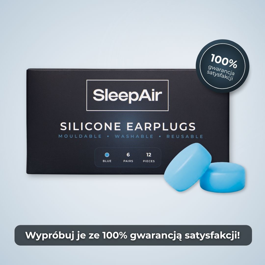 SleepAir blue silicone earplugs with product packaging and satisfaction guarantee