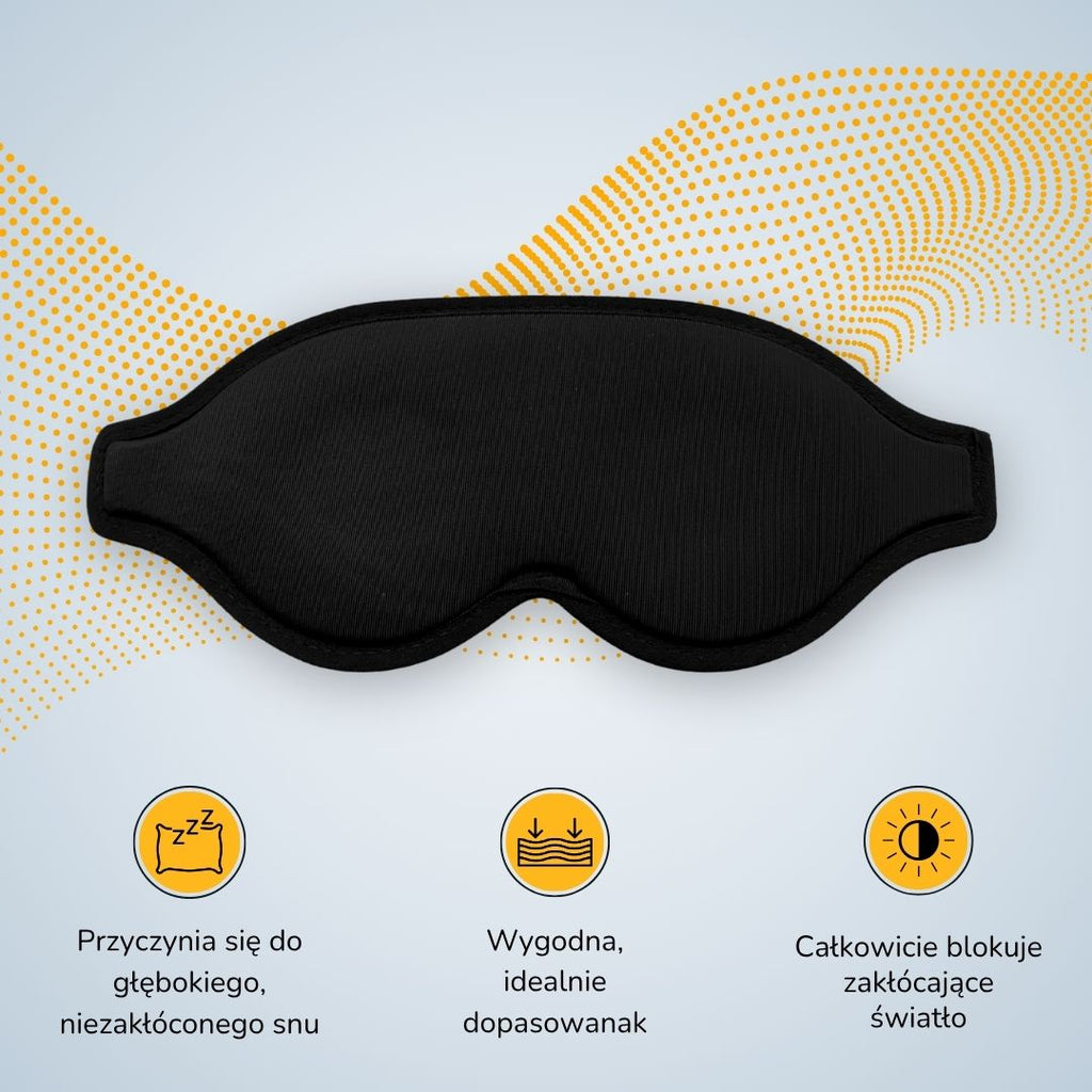 Czarna 3D maska do spania SleepAir na białym tle, widoczna wyprofilowana konstrukcja wokół oczu i regulowany pasek 