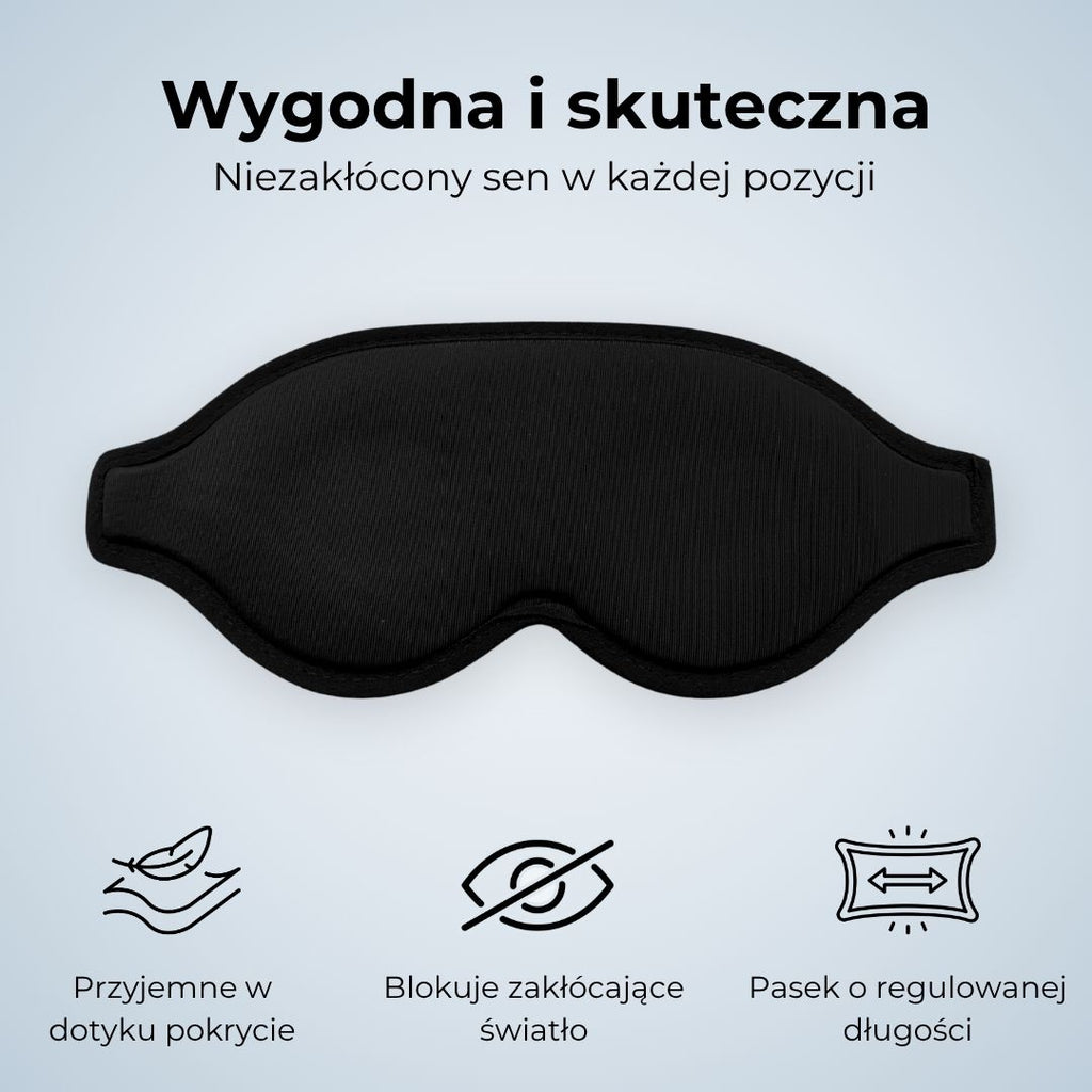 Osoba śpiąca w łóżku w czarnej masce do spania SleepAir, która całkowicie blokuje dostęp światła