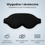 Osoba śpiąca w łóżku w czarnej masce do spania SleepAir, która całkowicie blokuje dostęp światła