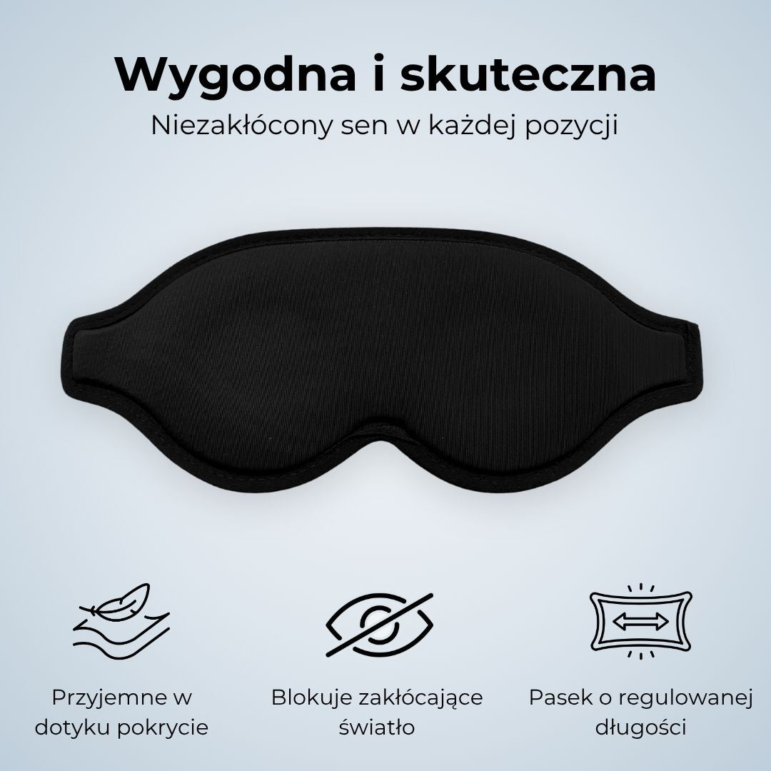 Osoba śpiąca w łóżku w czarnej masce do spania SleepAir, która całkowicie blokuje dostęp światła