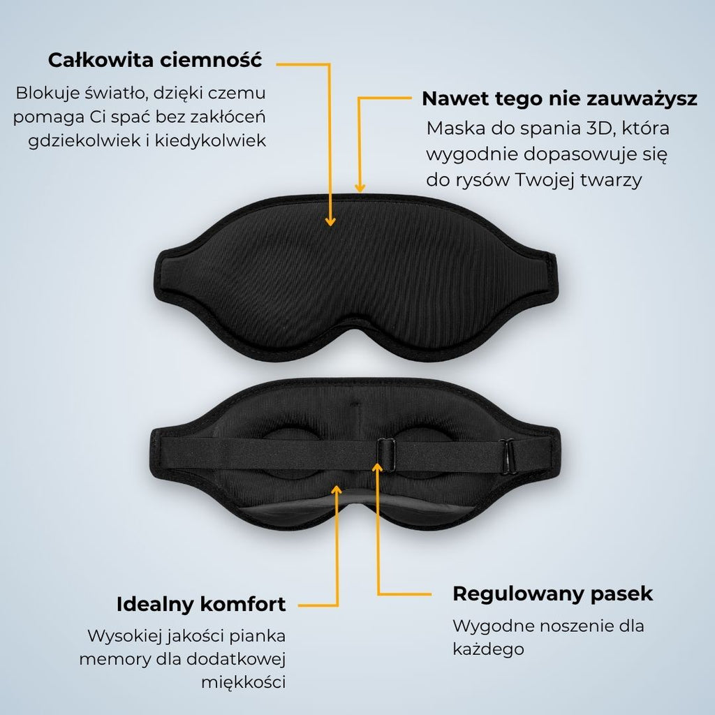 Maska do spania SleepAir przedstawiona z boku, widoczny regulowany, elastyczny pasek na rzepy